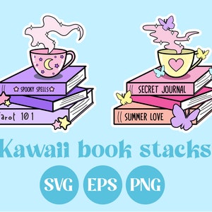 Kawaii Bücher, SVG-Datei, Kawaii SVG, niedliches PNG, Pastellfarben, printable Download, Aufkleberdesign, kommerzielle Nutzung, bibliophile, witchy, Liebe