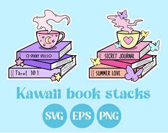 Libri kawaii, file SVG, Kawaii SVG, PNG carini, colori pastello, download stampabile, design adesivo, uso commerciale, bibliofilo, stregone, amore