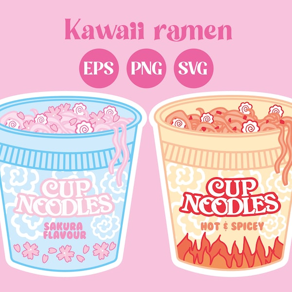 Kawaii ramen, SVG file, Kawaii SVG, cute PNG, pastel colors, cup ramen, printable download, sticker design, vector, commercial use, spicy