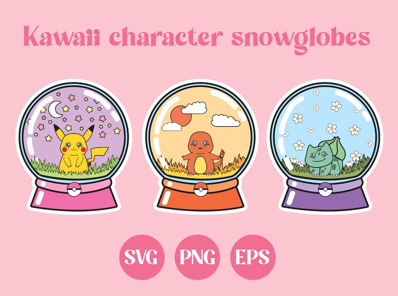 May include: Three kawaii character snowglobes with different scenes inside. One features Pikachu under a crescent moon and stars, another has Charmander with a sun and clouds, and the last shows Bulbasaur with flowers. The text "Kawaii character snowglobes" is at the top.