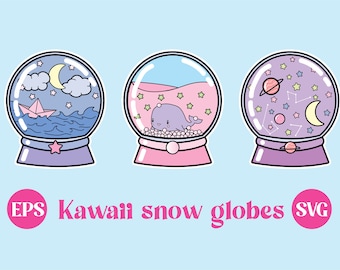 Kawaii Snow globes, clip art, simpatico PNG, download digitale, kawaii SVG, download stampabile, design adesivo, uso commerciale, galassia, balena