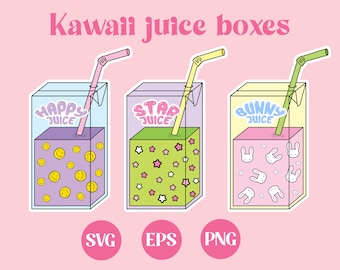 Kawaii juice box, clipart kawaii, download digitale, uso commerciale, adesivi, arte digitale, pastello, kawaii SVG, PNG carino, coniglietto, faccina sorridente