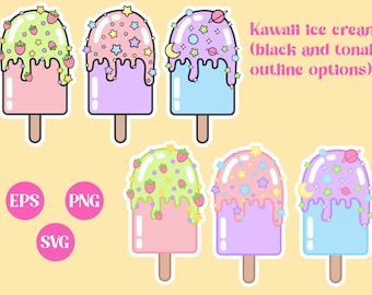 Gelato kawaii, file SVG, Kawaii SVG, PNG carino, colori pastello, download stampabile, design adesivo, vettoriale, uso commerciale, gelato carino