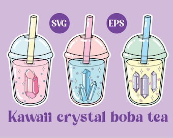 clipart kawaii boba, file in formato SVG, cristalli, PNG carino, colori pastello, tè boba, download stampabile, design adesivo, vettore, uso commerciale