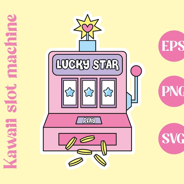 kawaii slot machine, kawaii SVG, stars, cute art, pastel colors, cute PNG, printable download, sticker design, vector, commercial use, lucky