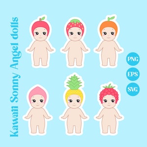 Muñecas kawaii de Sonny Angel, PNG kawaii, SVG Kawaii, PNG lindo, colores pastel, descarga imprimible, diseño de calcomanía, uso comercial, calcomanía, fruta