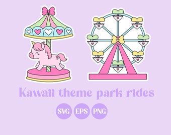 Kawaii Merry Go Round, file SVG, Kawaii SVG, PNG carino, pastello, download stampabile, design adesivo, vettore, uso commerciale, ruota panoramica