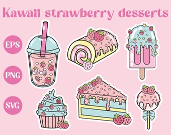 Kawaii strawberry desserts, SVG file, Kawaii SVG, cute PNG, pastel, printable download, sticker design, vector, commercial use, cake, boba