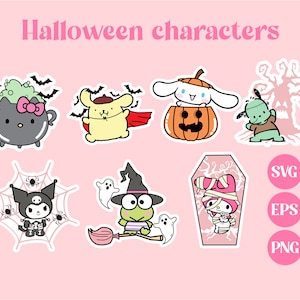 Personaje de Halloween kawaii, SVG kawaii, PNG lindo, caldero, gato, fantasma, calabaza, vampiro, descarga imprimible, diseño de calcomanía, uso comercial