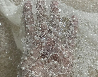 Tissu en dentelle brodée Chantilly française, perles avec perles, pour robe de mariée