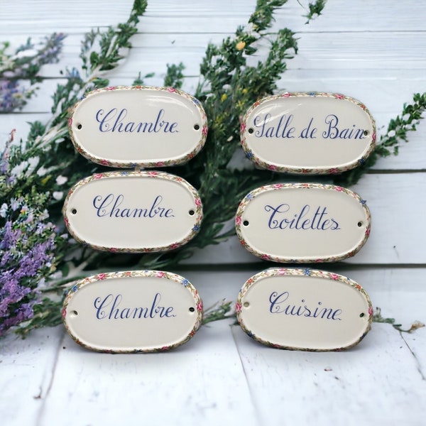 Vintage French Porcelain Door Plates, Hand painted Porcelain sign, Door Sign, Bathroom Sign, Bedroom Sign, Kitchen Sign