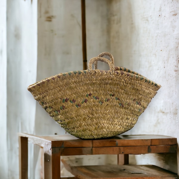 Vintage French Handwoven Straw Tote Market Basket, Farmhouse Straw Storage Basket, Farmhouse Straw Small Tote Bag