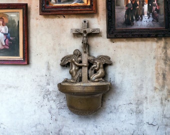 Antique French Brass Holy Water Font, Wall Holy Water Font, Brass Holy Water Font With Angels and Jesus Cross Crucifix