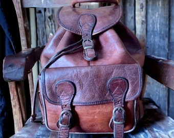 Saddle Leather Backpack, Vintage French Brown Leather Bag, Unisex Vegetable Tanned Leather Rucksack Backpack