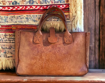 Vintage French Brown Handtooled Leather Tote Shopping Bag, Vintage Brown Saddle Leather Handmade Tote