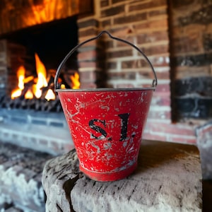 Antique French Red Metal Fire Bucket, Old French Galvanized Sand Fire Bucket, French Garden Pail, French Farmhouse Rustic Decor