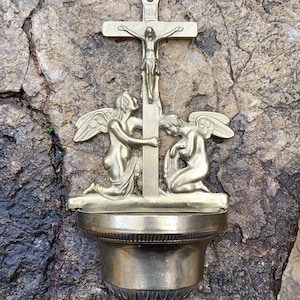 Antique French Brass Holy Water Font, Wall Holy Water Font Benetier, Brass Holy Water Font With Angels and Jesus Cross Crucifix