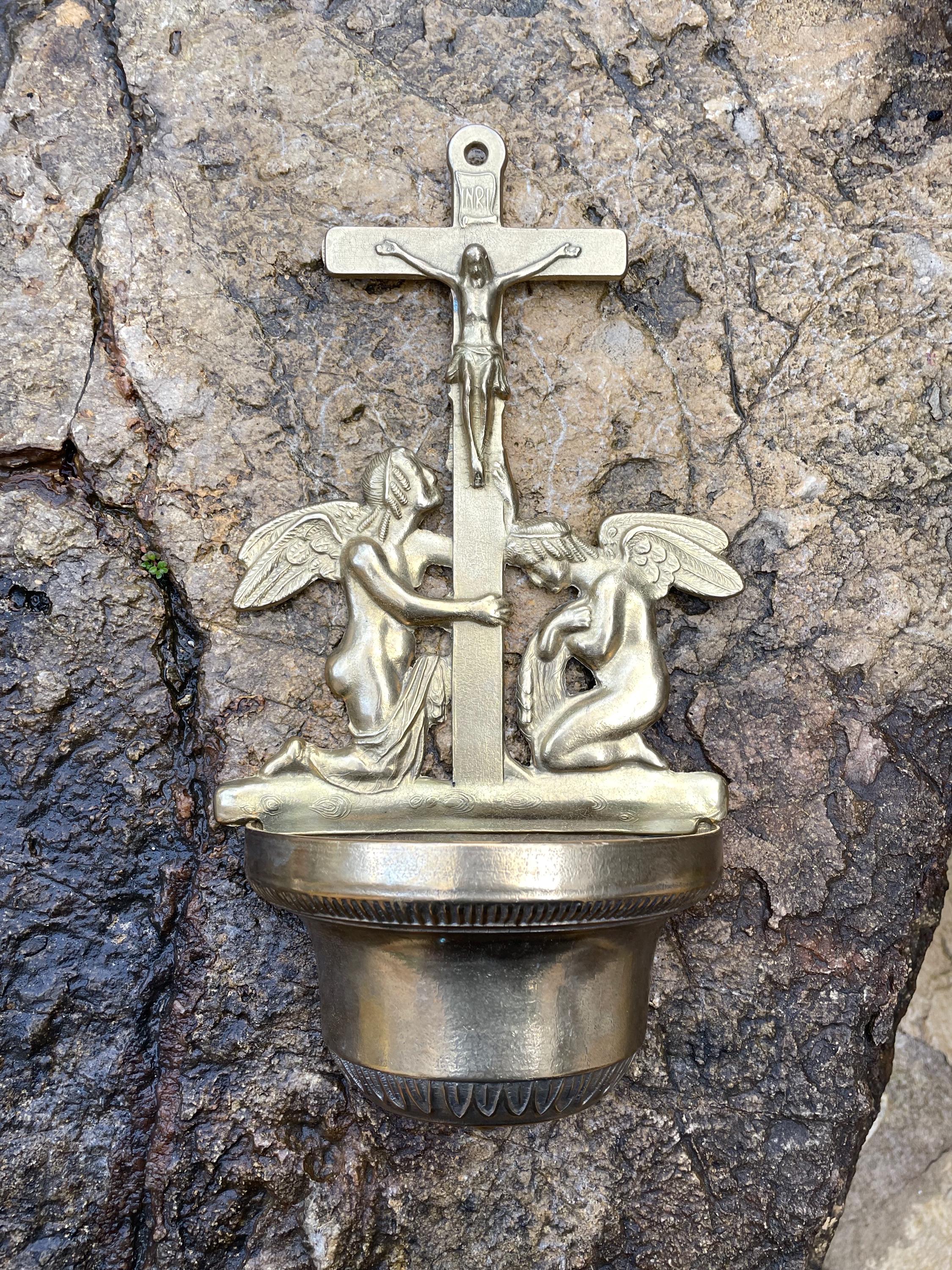 Antique French Brass Holy Water Font, Wall Holy Water Font Benetier, Brass Holy Water Font With Angels and Jesus Cross Crucifix