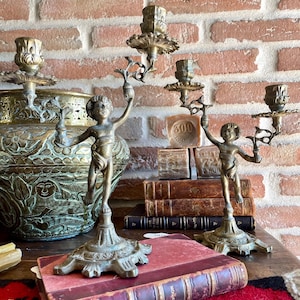 Antique French Art Nouveau Pair Of Brass Cherub Double Candlestick Holders, Brass Candlesticks, French Candelabra, French Country Decor