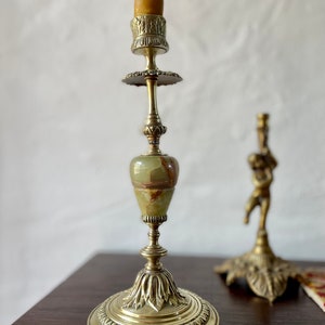 Antique French Brass Candlestick Holder: Art Nouveau Green Marble Decor
