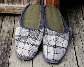 Handmade Recycled Portuguese Slippers, Unisex Fabric Slippers, Gray Plaid Slippers, Farmhouse Slippers