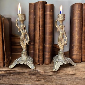French Pair Of Brass Woman figure Candlesticks Holders, Antique French Matching Pair Of Brass Candlesticks Holders
