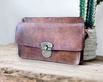 English Saddle Leather Bag With Brass Lock, Vintage Brown Leather Shoulder Bag, Vegetable Tanned Leather Purse