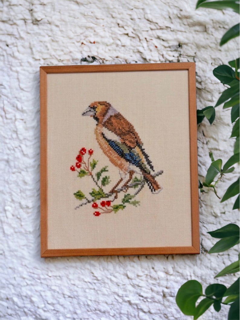 Vintage Framed Hand Embroidered Bird, Vintage Art From Sweden, Bird Art Work, Farmhouse Wall Decor image 1