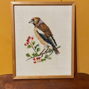 Vintage Framed Hand Embroidered Bird, Vintage Art From Sweden, Bird Art Work, Farmhouse Wall Decor image 2