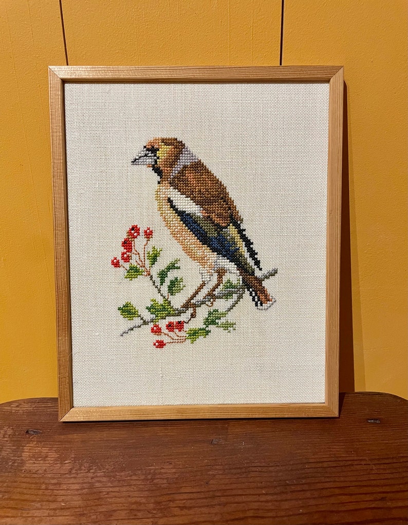 Vintage Framed Hand Embroidered Bird, Vintage Art From Sweden, Bird Art Work, Farmhouse Wall Decor image 2