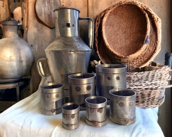 Antique Set Of 7 Metal Measuring Cups Authentic European Farmhouse Decor