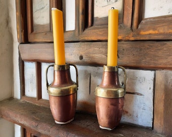 Antique French Artisan Made Copper And Brass Candlesticks, Handmade Copper Brass Jugs, French Copper Vase, French Rustic Farmhouse Decor