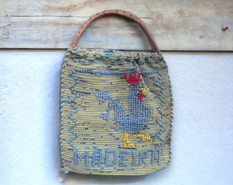 Handwoven Portuguese Rooster Madeira Bag With Rattan Handles, Vintage Portuguese Textile, Madeira Souvenir