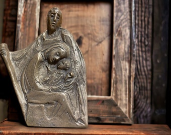 Vintage Bronze Relief &quot;Holy Family&quot; By Sculptor Joseph Krautwald, Religious Art, Vintage Bronze Religion Relic