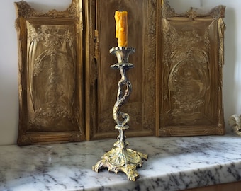 Antiguo portavelas de latón rococó francés, candelabro de latón francés, candelabro de latón francés, decoración campestre francesa