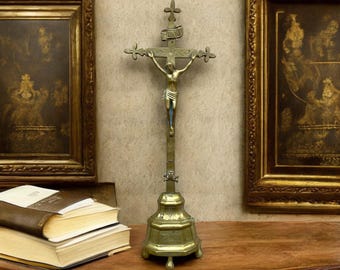 1750 French Brass Hand Carved Table Crucifix, Antique French Altar Crucifix, French Table Crucifix, Croix Pectorale, Rustic Religious Decor