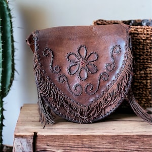 Vintage Braune Leder Bestickte Tasche Mit Quasten, Handgemachte Leder Umhängetasche Geldbörse Boho Stil