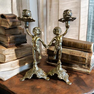 Pair Of Antique French Brass Art Nouveau Cherub Candlestick Holder, French Candelabra, French Country Decor