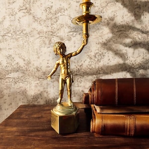 Antique French Art Nouveau Brass Cherub Candlestick Holder: Chateau Decor