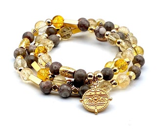 Triple bracelet with citrine and jasper beads, gold elements and beads (brass) between each bead, can also be worn as a chain.