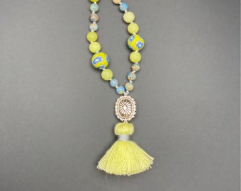 Key chain - Mini mala in sun colors with lemon yellow tassel and ornamental bead