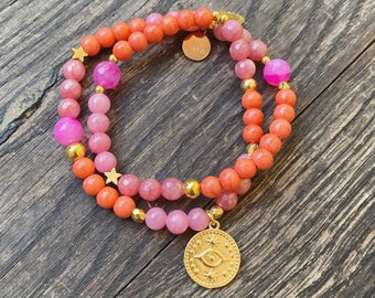 Summer - double bracelet, made of ceramic beads and faceted jade beads with a golden Nazar coin