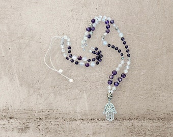 Mala necklace, hand-knotted, amethyst and moonstone, hamsa hand, adjustable length