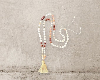 Mala necklace made of sunstone, moonstone and jasper rondelles with a beige tassel, adjustable in length