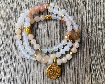 Triple bracelet with moon and sun stone beads, gold elements and beads, "champagne" crystal beads, can also be worn as a necklace