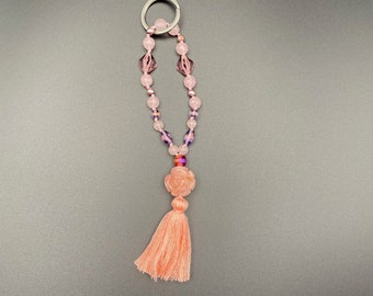 Key Ring - Mini Mala Pastel with Rose Quartz Beads and Carved Rose Petal