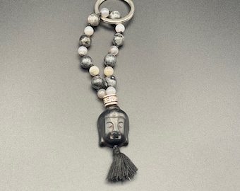 Keychain - Mini mala with obsidian beads and black howlite Buddha head