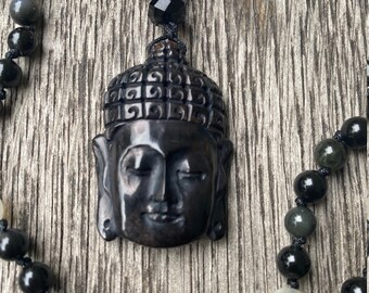 Hand-knotted mala necklace obsidian/moonstone/smoky quartz with hand-carved Buddha head (horn of the water buffalo)