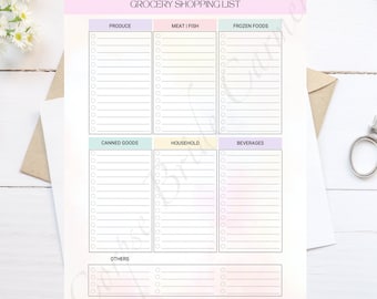Op de afbeelding: Een printbare boodschappenlijst met een aquarel achtergrond. De lijst is verdeeld in categorieën: Producten, Vlees/Vis, Diepvriesproducten, Inblik, Huishouden, Dranken en Overig. Elke categorie heeft een lijst met lege regels met vinkjes.