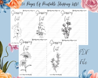 Op de afbeelding: Printbare boodschappenlijstjes met zwart-witte bloemmotieven. De afbeelding toont meerdere pagina's met gelijnde ruimtes om in te schrijven. Tekst op de afbeelding luidt "10 Pages Of Printable Shopping lists!" en "Black & White Floral Design!" Het bestand is een PDF.
